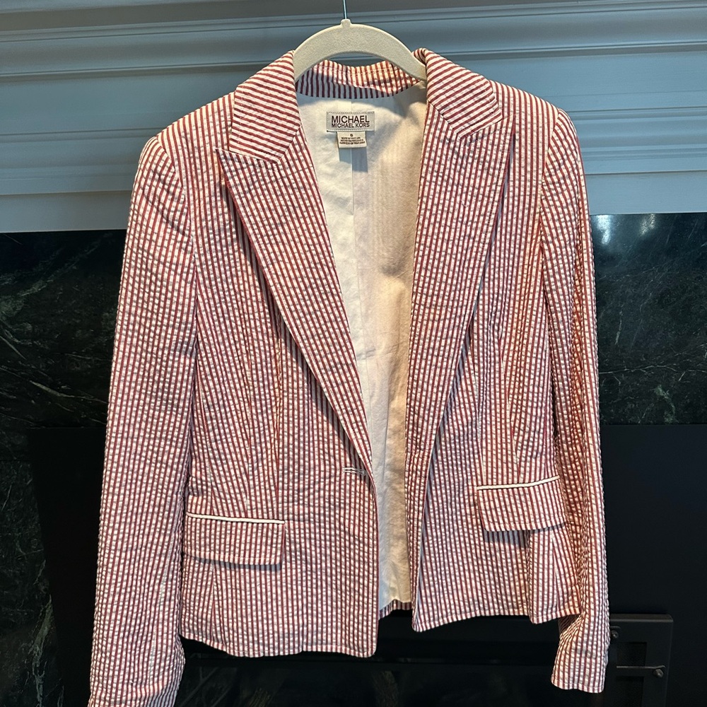 Michael Kors Red and White Stripe Seersucker Blazer